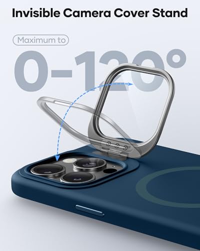 Image of Vihibii for iPhone 15 Pro Max Case, [Compatible with MagSafe], Built-in Transparent Lens Cover & Camera Stand, Full-Body Shockproof Soft Silicone Rubber Phone Cover with Microfiber Lining, Dark Blue