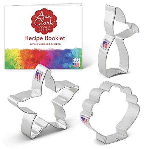 Ann Clark Cookie Cutters 3-Piece Mermaid Cookie Cutter Set with Recipe Booklet Mermaid Tail Starfish Seashell