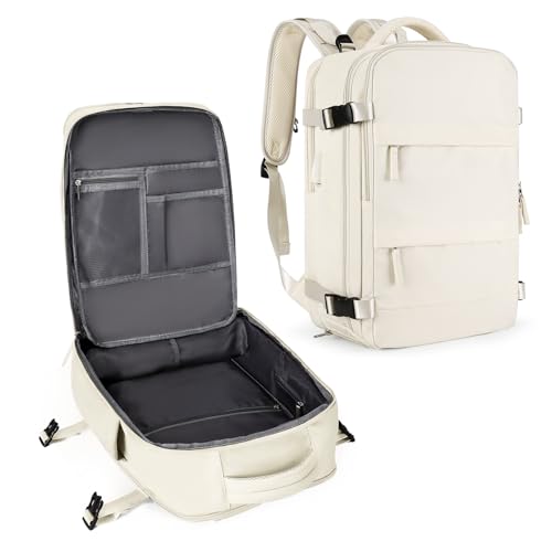 Image of coowoz Large Travel Backpack For Women Men,Carry On Backpack Flight Approved,Hiking Backpack Waterproof Outdoor Sports Rucksack Casual Daypack Fit 15.6 Inch Laptop Shoes Compartment(Off White)