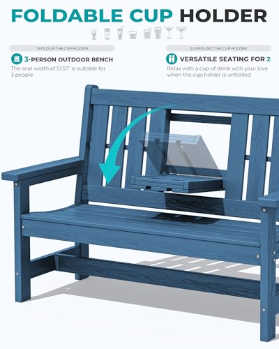 Image of SERWALL HDPE Outdoor Bench with Cup Holder Oversized 58 inch Porch Bench, Navy