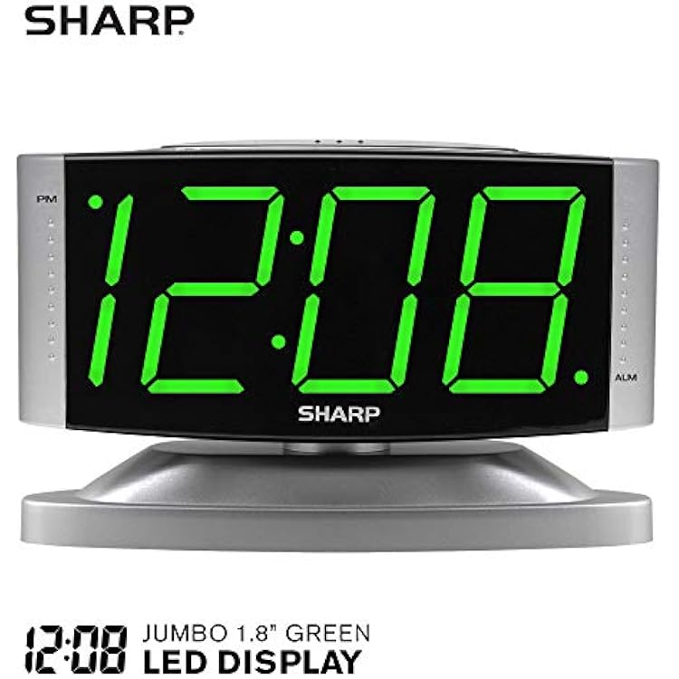 Sharp Home LED Digital Alarm Clock Swivel Base - Outlet Powered, Simple Operation, Alarm, Snooze, Brightness Dimmer, Big Green Digit Display, Silver Case
