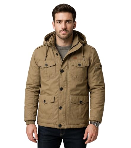 Image of L'MONTE Men's Heavy-Duty Winter Jacket - Cotton Outdoor Coat with Fleece Lining, Detachable Hood, and Multi-Pockets - Warm, Windproof & Stylish for Cold Weather
