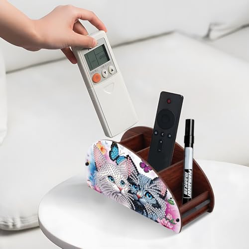 Image of DIY Diamond Painting Storage Box Couple Cats, Handmade 5D Diamond Art Case Multi-Compartment Wooden Desktop Organizer for TV AC Remotes Makeup Brushes Pens Tabletop Holder, Valentine's Day Gift