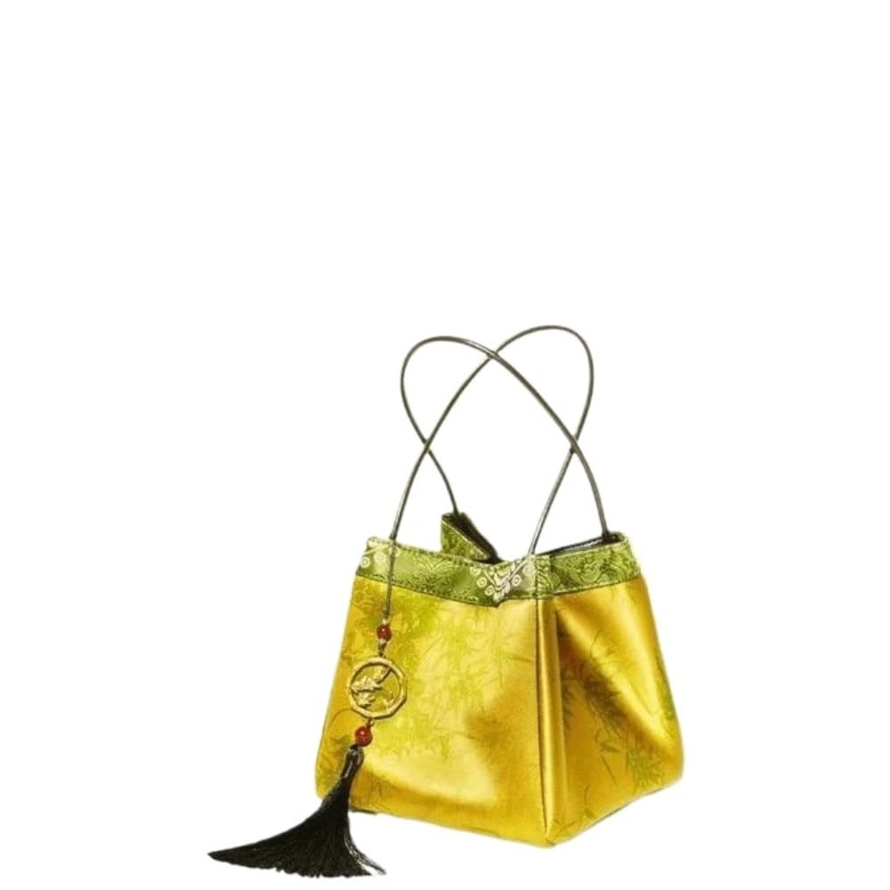 mmaili Minimalist Silk Handheld Tote Bag Small Retro Women's Bag with Golden Tassel Daily Outfit