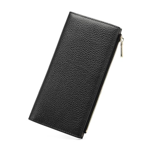 Slim Genuine Leather Wallet for Women RFID Blocking Bifold Credit Card Holder with Zip Pocket Blue (Black)
