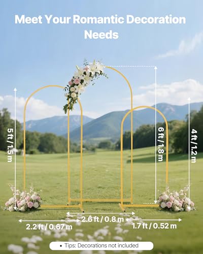 Image of VEVOR Arch Backdrop Stand, Set of 3, 6 /5 /4 ft, Stable Structure, Easy Assembly, Gold Metal Arch Backdrop Stand for Wedding, Birthday Party, Graduation, Holiday Celebration, and Ceremony Decoration