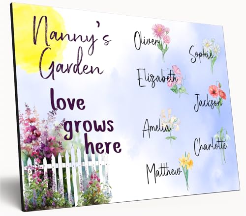 Personalised Birth Month Flower Sign Grandma's Garden Custom A4 Wooden Wall Art Rustic Garden Design Watercolour Custom Plaque for Mums