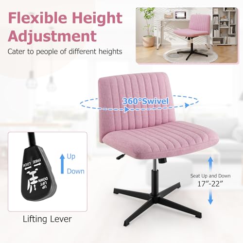 Giantex Criss Cross Chair, Fabric Cross Legged Office Desk Chairs No Wheels, Comfy Armless Makeup Vanity Chair, Adjustable Height, Mid Back Wide Seat Computer Swivel Task Chair for Home Office (Pink)