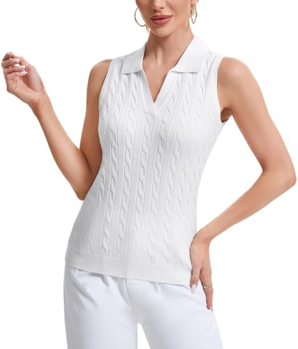 Soneven Womens Sweater Vest Sleeveless Golf Shirts Cable Knit Polo Sweater Tops Slim Fit Casual Vest