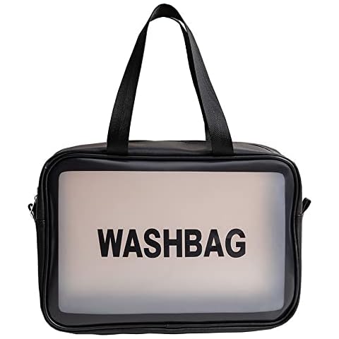 SUNSHINETEK Waterproof Toiletry Bag PVC Cosmetic Bag Black Portable Toiletry Wash Bag Clear PU Zippered Makeup Bag for Travel Bathroom Women and Kids(Large) Cover