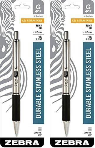 Zebra Pen G-402 Bolígrafo de gel retráctil, barril de acero inoxidable, punta fina, 0.020 in, tinta negra, paquete de 2