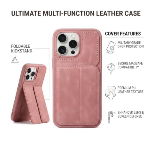 Image of amazon basics Luxury Vegan Leather Back Cover for iPhone 14 Pro Max | Built-in Card Holder Slot | Integrated Mobile Stand | Slim Shockproof Protective Case with Stitched Finish - Pink
