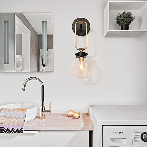 Sconces Wall Lighting, Farmhouse Globe Wall Sconce, 1-Light Wall Light With Black And Gold Metal Finish, Clear Glass Shade, 5’’ L X 10’’ W X 14.5’’ H #TOP4