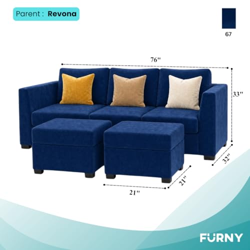 Image of FURNY Revona 5 Seater L Shape Sofa Set with 2 Movable Ottoman | Flexible Left or Right Layout | Plush Velvet Fabric (Dark Blue) | Perfect for Living Room, Guest Room & Office