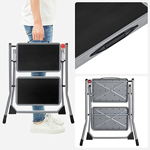SONGMICS Trittleiter mit 2 Stufen, zusammenklappbar, Trittbreite 20 cm, Gummi, rutschfest, mit Griff, Belastung 150 kg, aus Stahl, Grau und Schwarz GSL002GY01