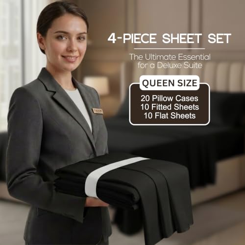 Image of 10-Pack Queen Size Hotel Sheet Set, Soft Brushed Microfiber Commercial Sheets, Resort Quality Bedding, Deep Pocket, Shrink & Fade Resistant, Easy Care, Black