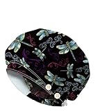 DELORIGIN Dragonfly Bouffant Scrub Caps Cotton Nurse Scrub Hats With Button and Sweatband Adjustable Surgical Caps Working Caps for Women Men Nursing Cooking Housework Head Cover One Size Fits All