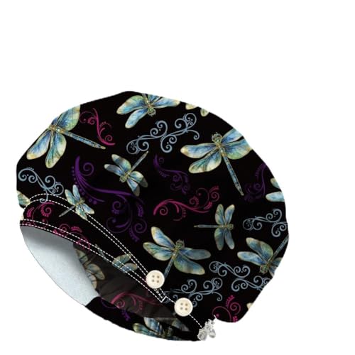 DELORIGIN Dragonfly Bouffant Scrub Caps Cotton Nurse Scrub Hats With Button and Sweatband Adjustable Surgical Caps Working Caps for Women Men Nursing Cooking Housework Head Cover One Size Fits All