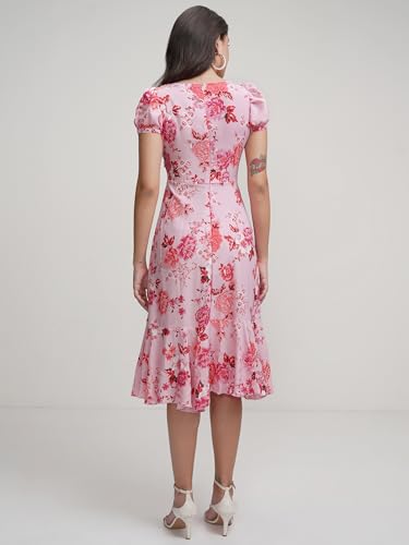Image of Tokyo Talkies Womens Elegant Floral A-Line Dress | Long Puff Sleeves & Ruffle Hem for A Feminine Touch | Bow Tie Up | Dress for Women | Women Dress | Stylish Women Dress