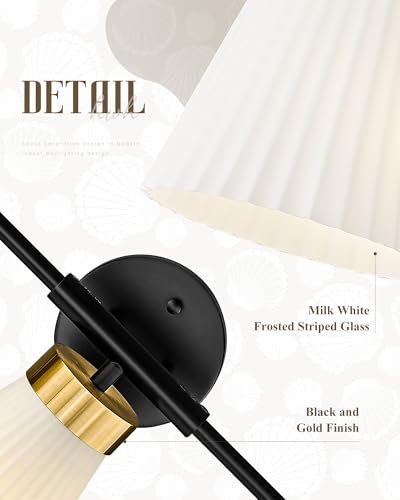 Image of Bathroom Vanity Light, HWH 3-Light Wall Light Fixture for Bathroom Bedroom, Black and Gold Vanity Lights with Frosted Milk White Striped Glass, 5HZG97B-3W BK+BG
