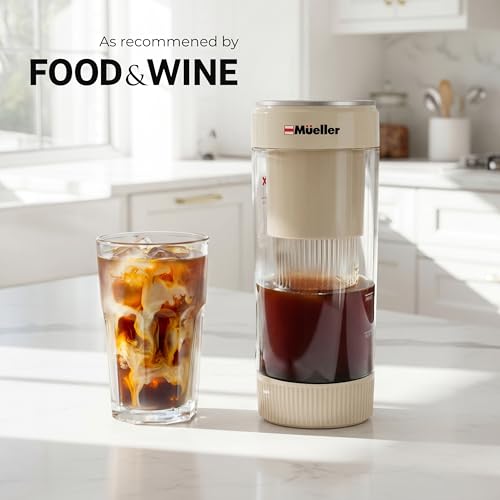 Image of Mueller RapidBrew Cold Brew Coffee Maker, Cappuccino Beige | 10 Min Fast Brew, Portable Rechargeable, Pitcher Machine for Coffee & Tea, Adjustable Strength 10-99 Min