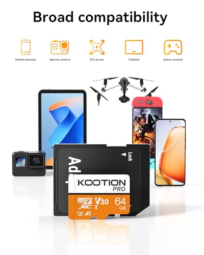 Image of KOOTION 64GB Micro SD Card 10-Pack with Adapter, U3 TF Flash Memory Card V30, A1, 4K UHD, microSDXC Memory Card