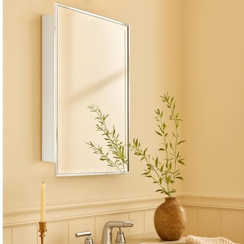 Image of TEHOME 17.5'' x 29'' Polished Nickel Recessed and Surface Mount Bathroom Medicine Cabinet with Mirror Square Cornered Metal Framed Rounded Rectangle Medicine Cabinet Mirror