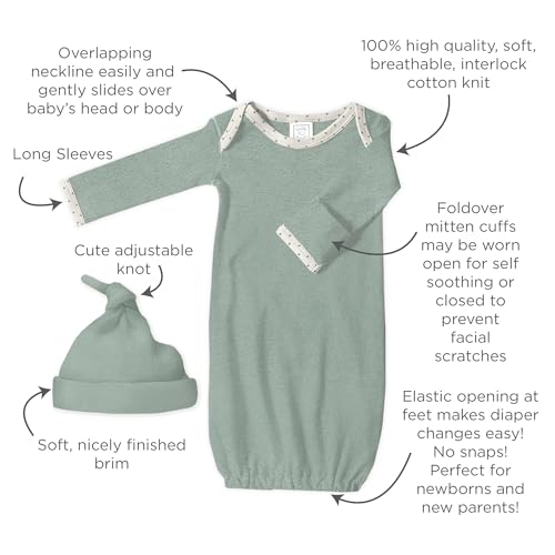 Image of SwaddleDesigns Softest Cotton Baby Pajama Gown with Foldover Mitten Cuffs for Infant Boy and Girl, Newborn, 0-3 Months