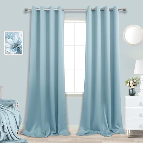 Image of Light Blue Grommet Blackout Curtains 108 Inch Length for Bedroom