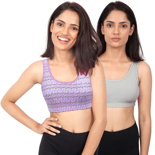 Image of DChica Essentials Sports Bra for Women, Cotton Non-Padded Full Coverage, Wire-Free T-Shirt Gym Workout Bra with Regular Broad Strap, Training Bra for Young Women (Pack of 2) Printed /Solid Bras