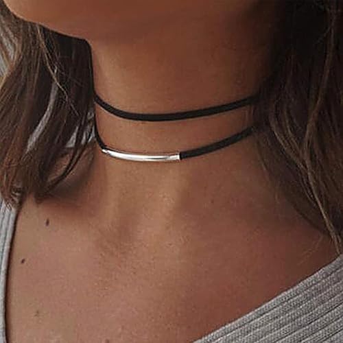 Inateannal Boho Geschichtet Leder Halsband Halskette Schwarz Leder Seil Halskette Silber Bar Halsband Halskettes Kurz Wildleder Schnur Kette Schmuck Für Frauen