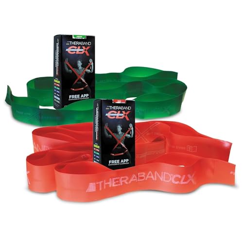 THERABAND CLX Resistance Band with Loops 2 Pack Fitness Band for Home Exercise and Workouts Portable Workout Functionality for Athletes 5 Consecutive Loops 2-Pack Light Intensity Red-Green