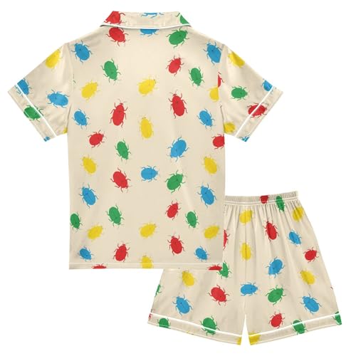 Satin Pajama Sets Short Sleeve Colorful Bugs on Background Button Down Silky Nightwear 2 Piece PJS 5-14Y2