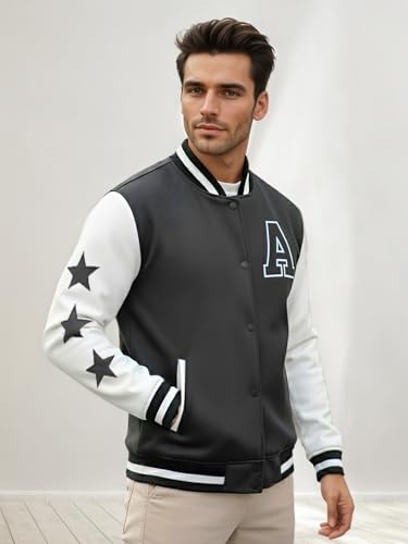 Image of CHKOKKO Men's Regular Varsity Jacket with Snap Button Closure and Patch Design Trendy Comfortable Outerwear for College Travel and Casual Wear
