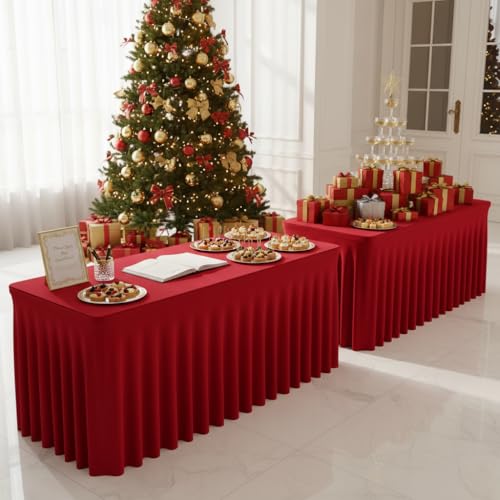 Image of HolidayIdeas 2 Pack Red Spandex Table Skirt for 8 Ft Rectangle Tables, Fitted Stretch Tablecloth 30 x 96 Inch, Wrinkle Resistant Ruffle Design for Valentine's Day, Monther's Day, Trade Shows, Parties