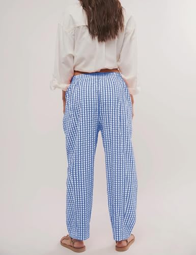 Image of PEHMEA Cotton Gingham Boxer Pants for Women Casual Plaid Harem Trousers Y2K Beach Lounge Bottoms with Pockets