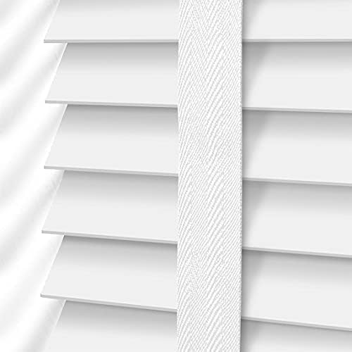 White Faux Wood Window Venetian Blind/Blinds - Easy Fit Child Safe Trimmable Shutters - 50MM Slats with Aluminium Headrail & Matching Facia (White, 124cm Width x 213cm Length)