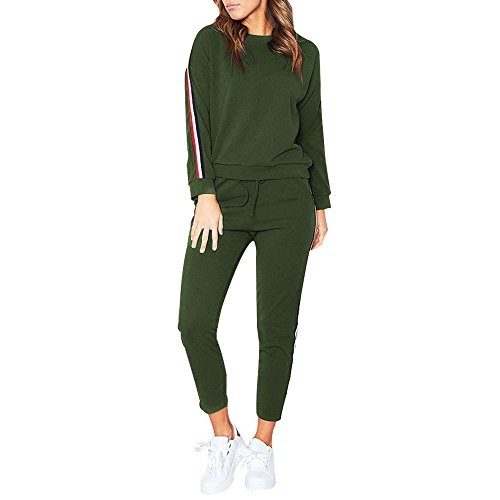 Forwelly Two Piece Sweatsuit for Women Stripe Long Sleeve Tops High Waist Pant Sport Outfits Sets Winter Yoga Tracksuit Army,Green