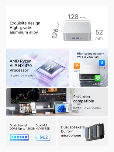 Image of MINISFORUM AI X1 Mini PC, AMD Ryzen AI 9 HX 470, (12C /24T, up to 5,2 GHz,86 Tops), Radeon 890M, 2 x USB4, OCuLink, Quad 4K Output, Wi-Fi 7, 2.5GbE(NO RAM /SSD /OS)