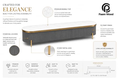 Image of Mazzo Modern TV Unit /Console - 70 inchx12 inchx18 inch White Marble Top with Golden Acrylic, Waterproof Plywood & Charcoal Louvers - Media Cabinet | Modern TV Stand Console Without Storage (Gray)