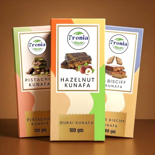 Image of Fronia Kunafa Chocolate Triple-Flavor Combo Pack Dubai Style - Pistachio, Hazelnut & Lotus Bisciff Kunafa Chocolate Dessert, Milk Chocolate with Creamy Pistachio, Hazelnut & Lotus Bisciff Filling & Crunchy Kunafa Layers | 100g Each