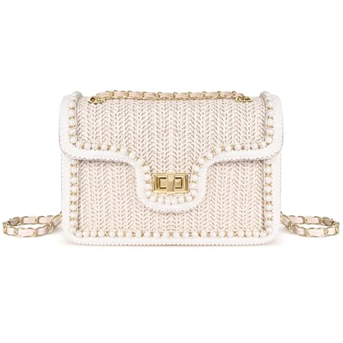 Image of Straw Crossbody Bags for Women, Summer Fashion Straw Purses and Handbags Shoulder Raffia Clutch Bag with Pearls