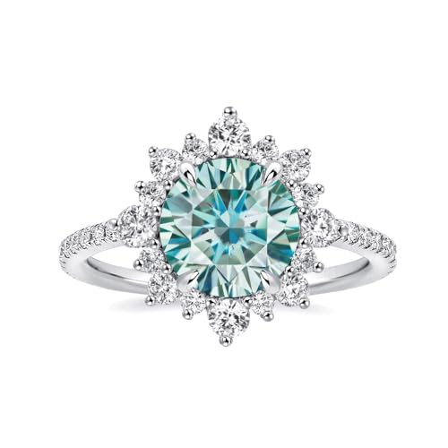 2.0ct Cyan Blue Moissanite Engagement Ring for Women,Round Cut Halo Flower Design Promise Ring in 925 Sterling Silver