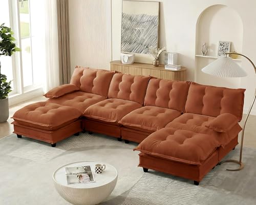 Image of 139 inch Sectional Sleeper Sofa with Ottoman, U Shaped Modular Deep Seat Couches for Living Room Apartment, Flexible Module Combination Cloud Sofa with Spring Support, Easy Assembly, Orange