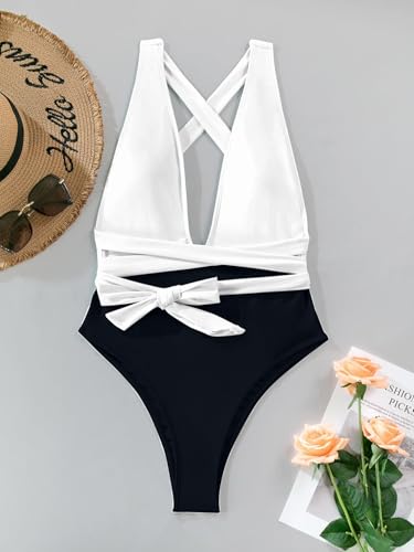 Image of Lilosy Sexy Tie Criss Cross Plunge One Piece Thong Swimsuit High Cut Brazilian Bathing Suit