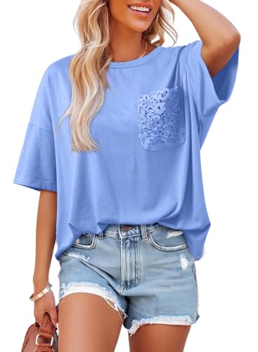 Dokotoo Women's Oversized Short Sleeve T Shirt with Lace Pocket Soft Breathable Casual Top,Sky Blue X-Large