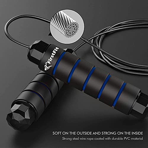 Image of FirstFit Polyvinyl Chloride Jump Rope Tangle-Free Rapid Speed Jumping Rope Cable with Ball Bearings for Women, Men, and Kids, Adjustable Steel Skipping Rope with Foam Handles - Black & Blue