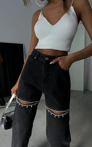 PIRAL Women's Crystal Cut Jeans - High Waisted Straight Fit Denim Pants - 32" Inseam4