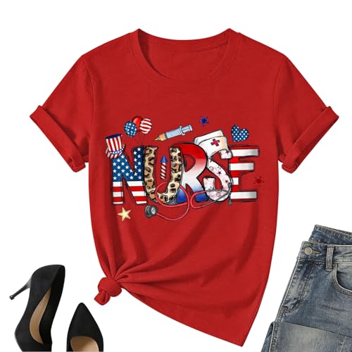 4th of July Nurse Shirt Women-American Heart Patriotic Tee Tops USA Flag Red White Blue Short Sleeve