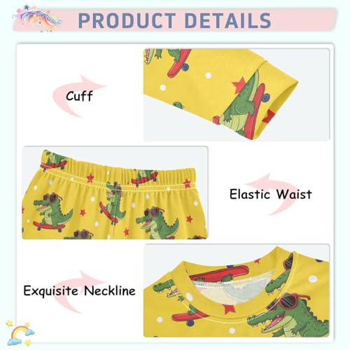 Pajama Sets Long Sleeve Crocodile Surfing Yellow Background Soft Comfy Sleepwear 2 Piece PJS 3-8T4